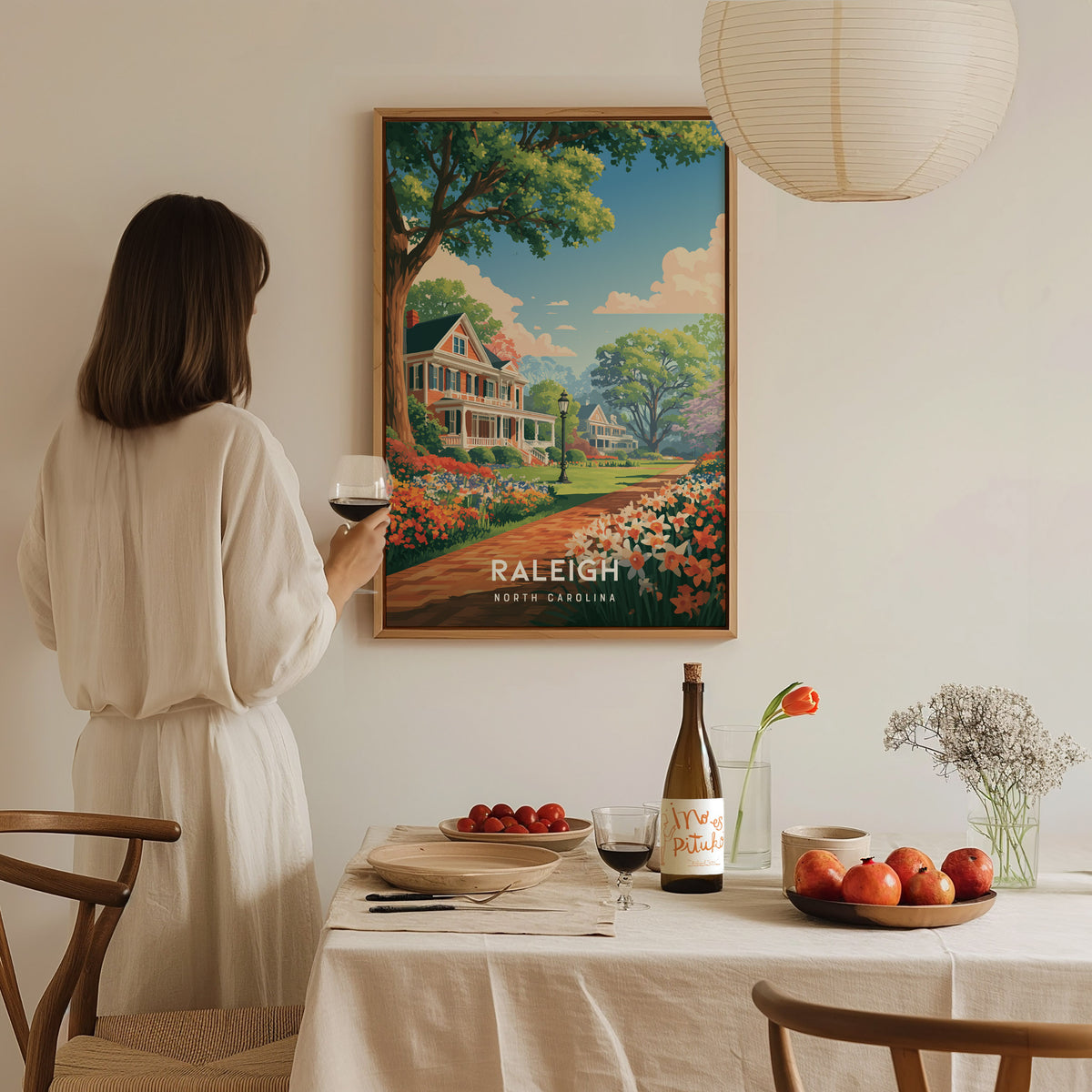 Raleigh, North Carolina Poster | Oak City Skyline Destination Print Wall Art — styled in a modern interior