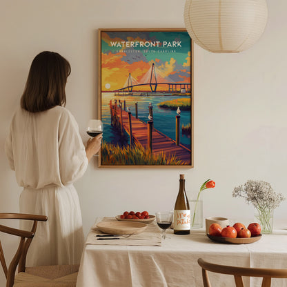 Waterfront Park, Charleston Poster | Southern Harbor Palmetto Charm Wall Art — styled in a modern interior