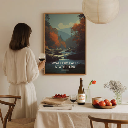 Swallow Falls State Park, Maryland Poster | Waterfall Forest Destination Print Wall Art — styled in a modern interior