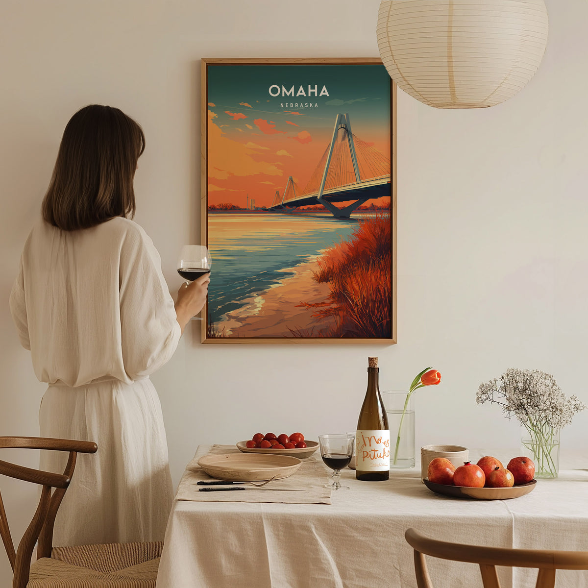 Omaha, Nebraska Poster | Heartland Skyline Destination Print Wall Art — styled in a modern interior