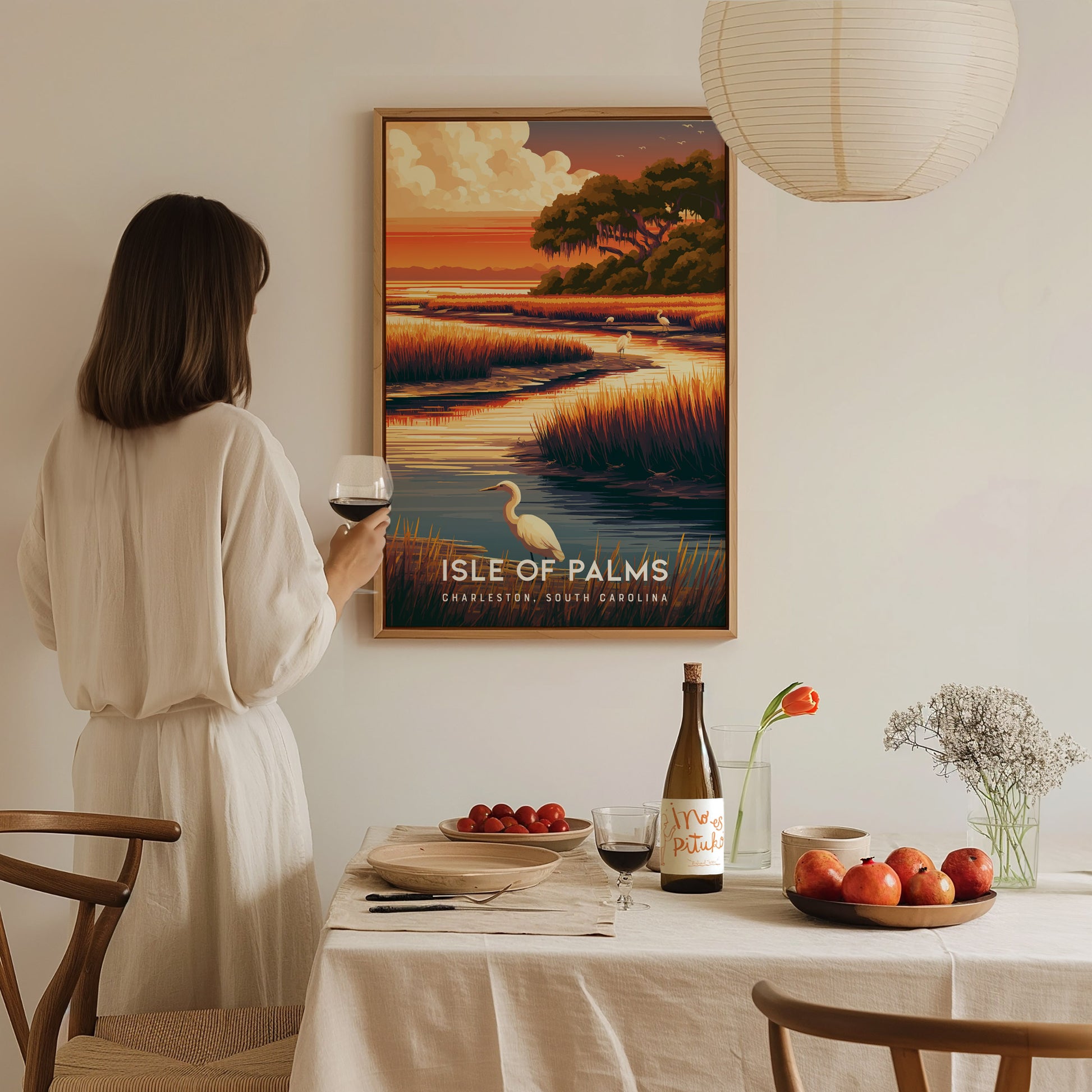 Isle of Palms, South Carolina Poster | Golden Beach & Palm Tree Wall Art — styled in a modern interior
