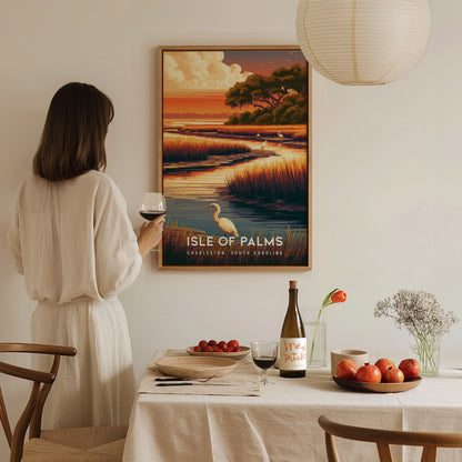 Isle of Palms, South Carolina Poster | Golden Beach & Palm Tree Wall Art — styled in a modern interior