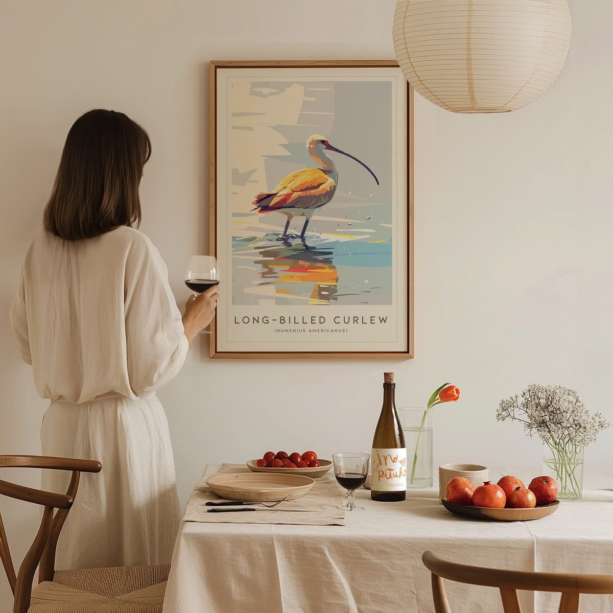 Long-billed Curlew, Numenius americanus Poster | Shorebird Wildlife Print Wall Art — styled in a modern interior