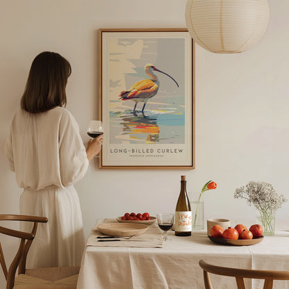 Long-billed Curlew, Numenius americanus Poster | Shorebird Wildlife Print Wall Art — styled in a modern interior