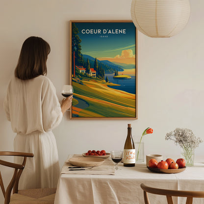 Coeur d'Alene Resort, Idaho Poster | Lakeside Golf Course Scenic Wall Art — styled in a modern interior