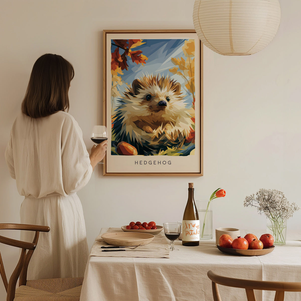 Hedgehog, Erinaceus europaeus Poster | Woodland Wildlife Wall Art — styled in a modern interior
