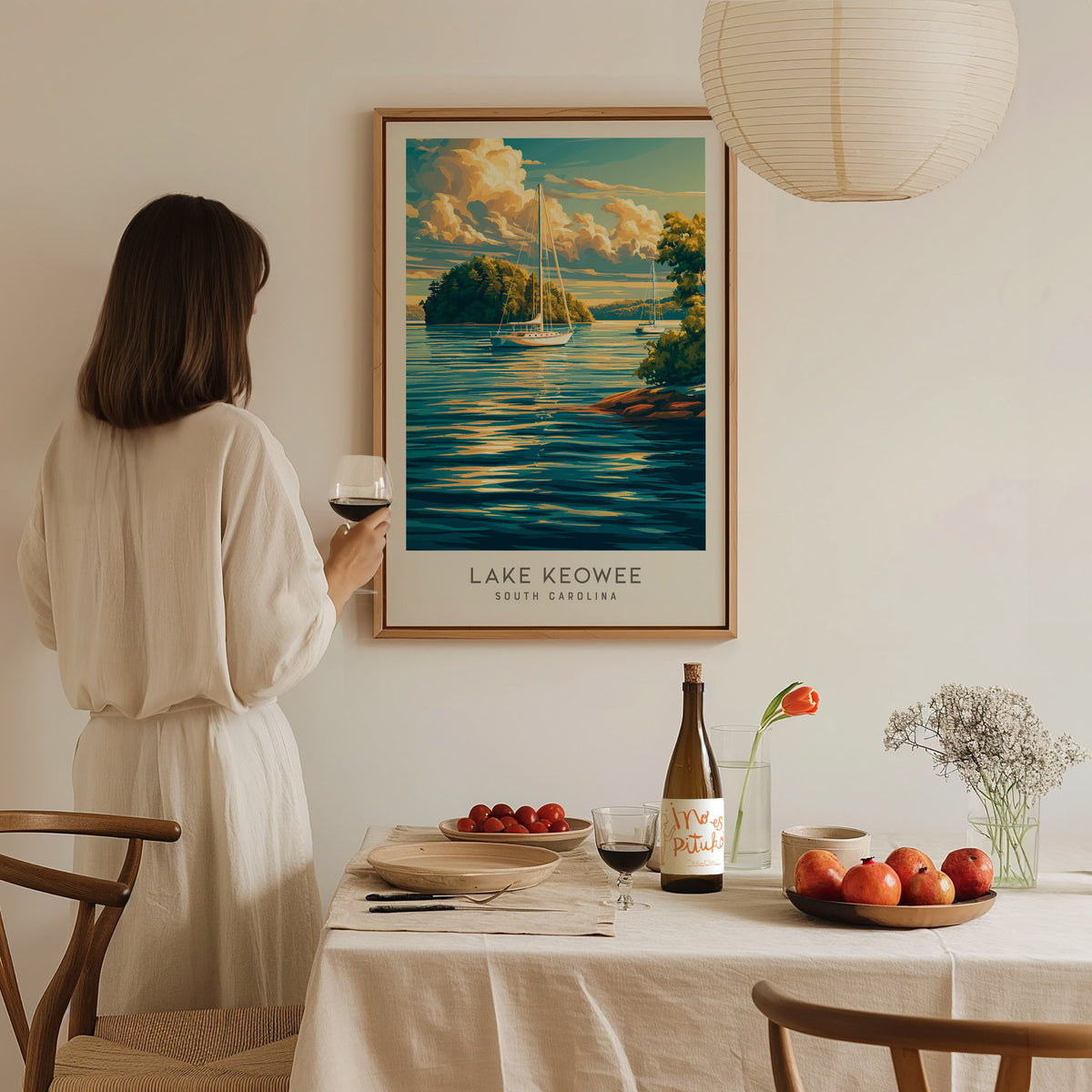 Lake Keowee Matte Border Poster | South Carolina Travel Wall Art — styled in a modern interior