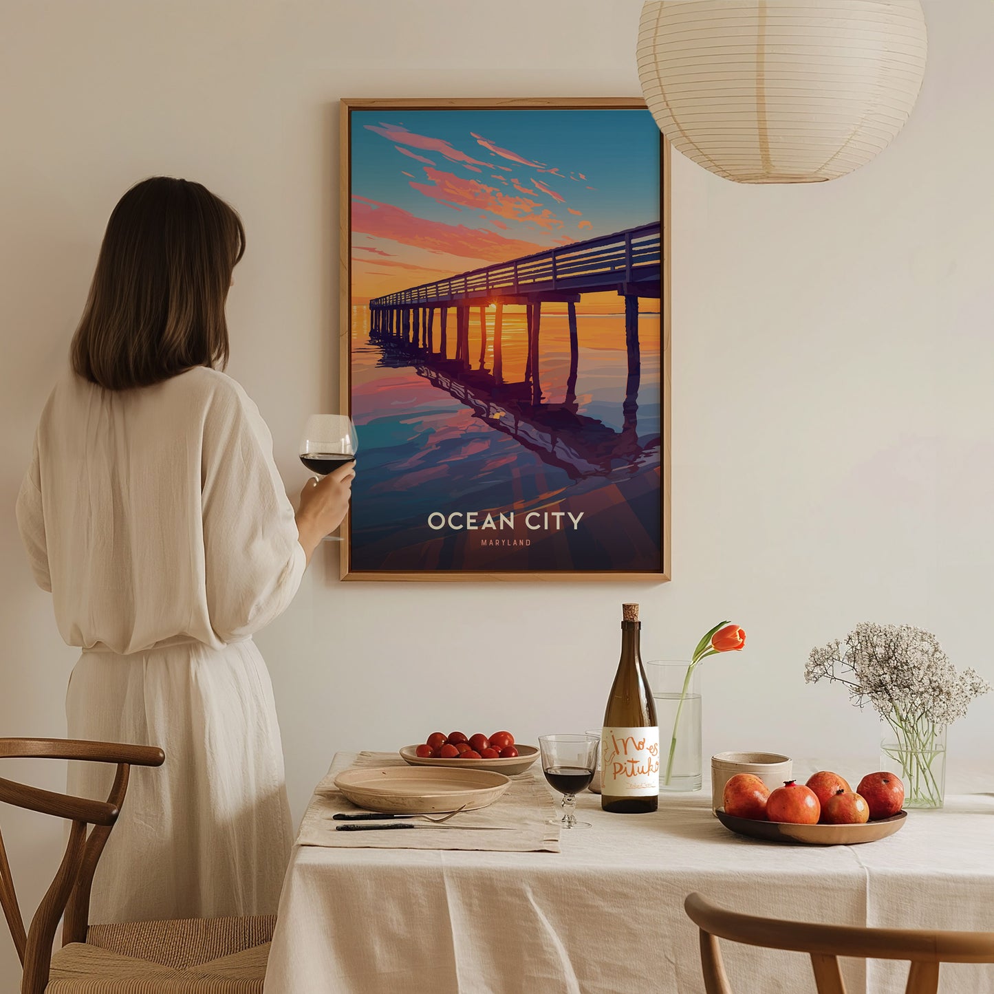 Ocean City Maryland Poster – Coastal Sunset Pier Print, Beach House Wall Art, Coastal Home Decor, Available Framed/Unframed, Travel Gift