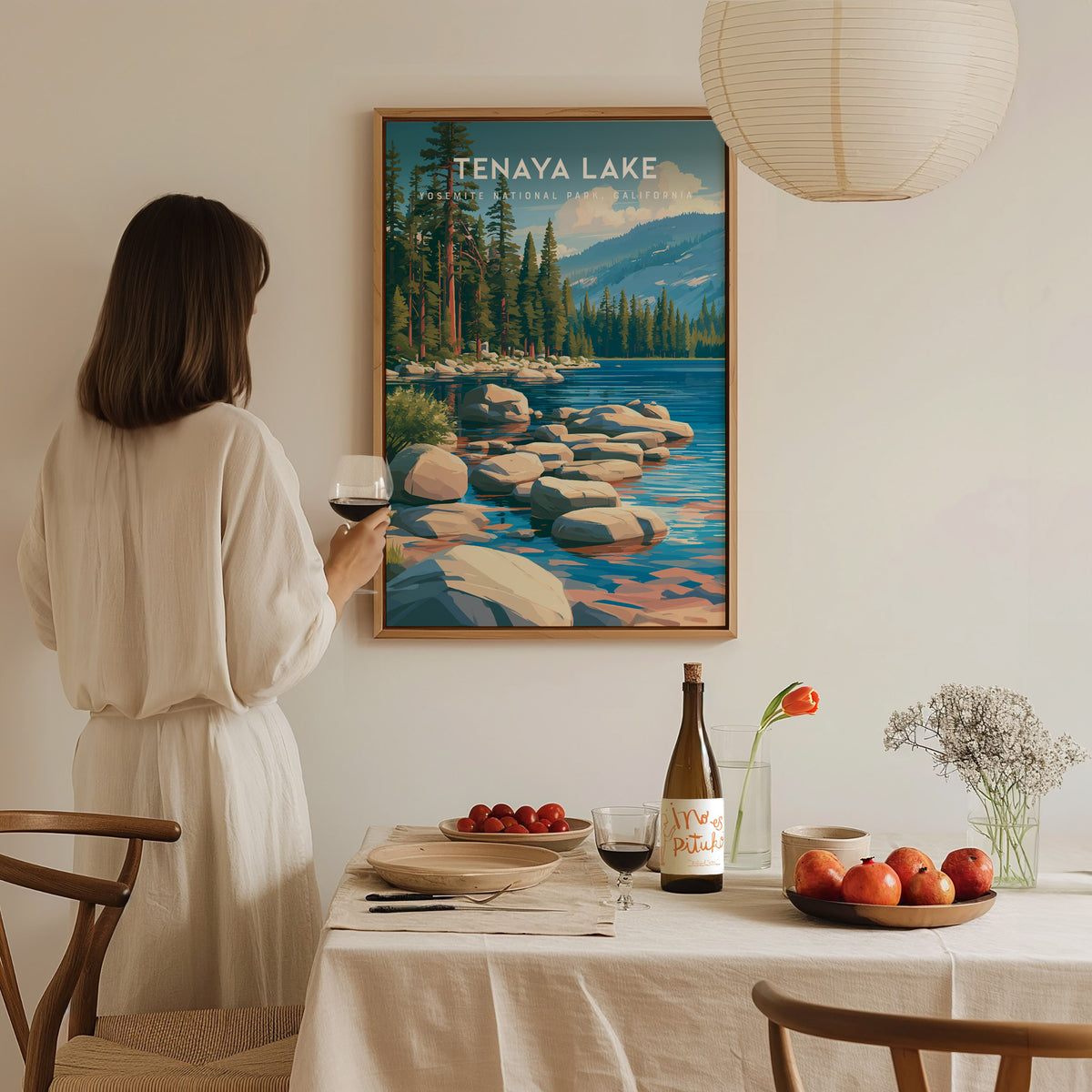 Tenaya Lake, Yosemite National Park, California Poster | Mountain Lake Vacation Wall Art — styled in a modern interior