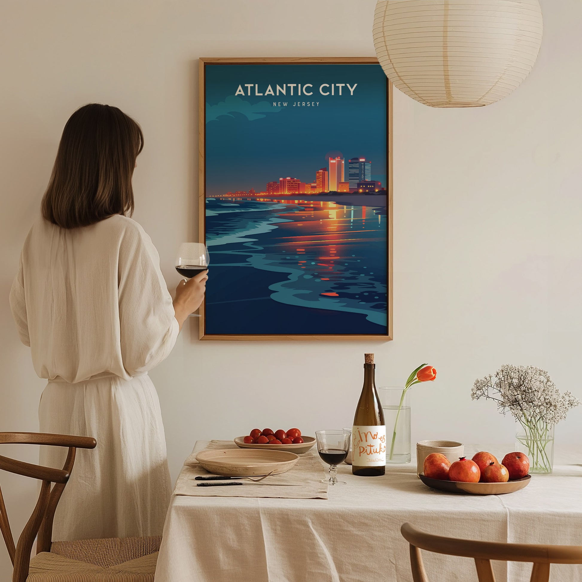 Atlantic City, New Jersey Poster | Boardwalk & Steel Pier Coastal Wall Art — styled in a modern interior