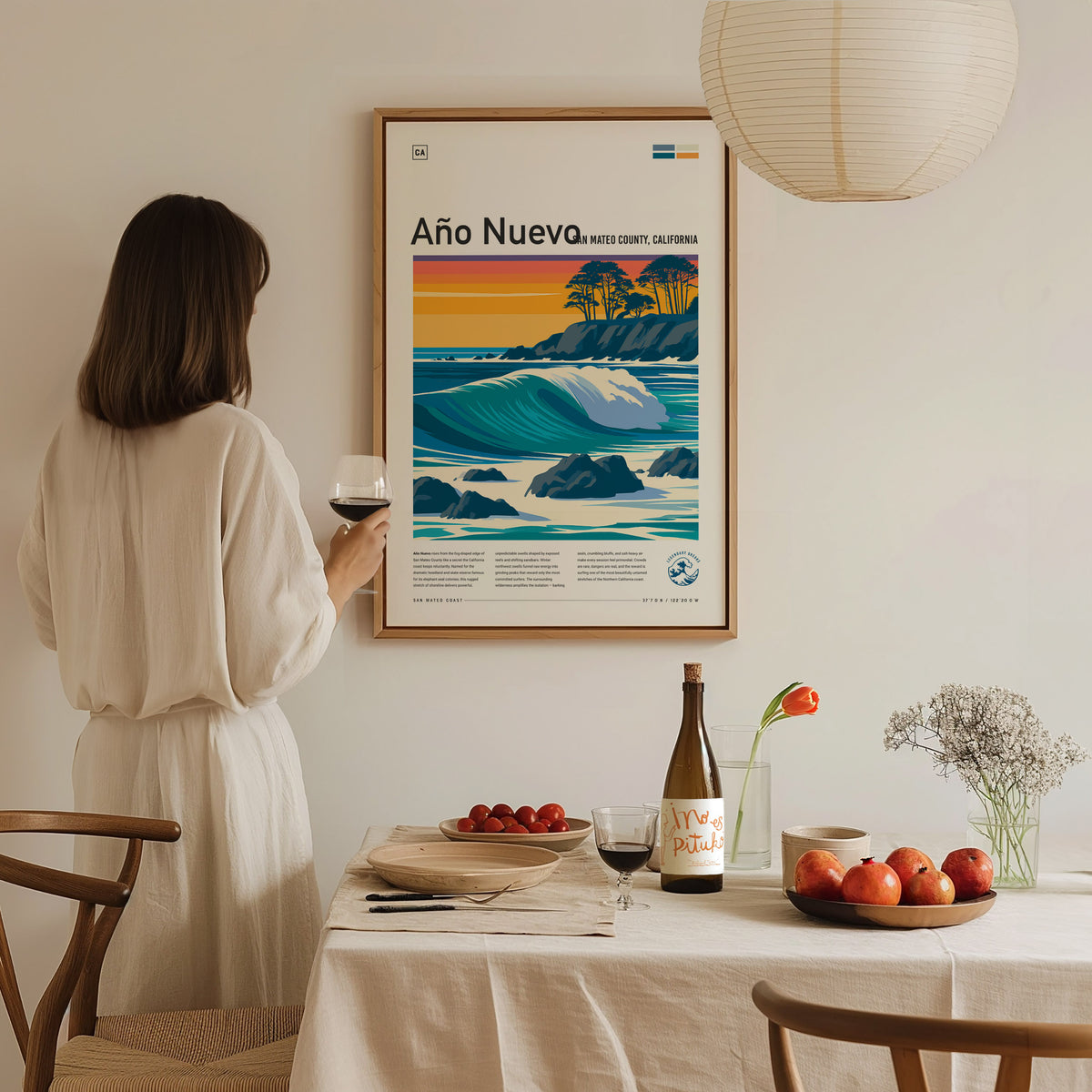 Año Nuevo, San Mateo County, California Poster | Elephant Seals & Rugged Surf Wall Art — styled in a modern interior