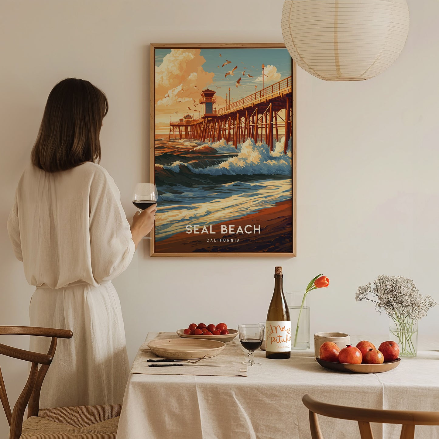 Seal Beach, California Poster | Sun-Kissed Pier & Coastal Charm Wall Art — styled in a modern interior