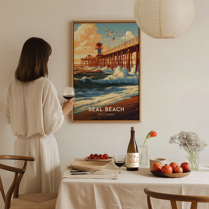 Seal Beach, California Poster | Sun-Kissed Pier & Coastal Charm Wall Art — styled in a modern interior