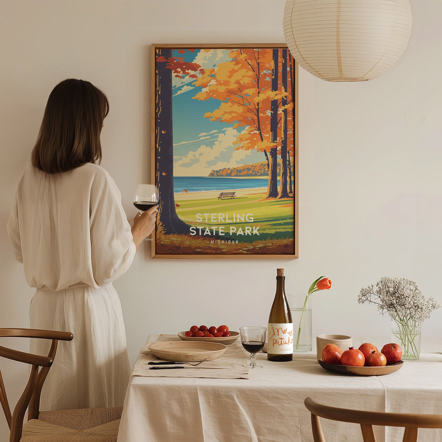 Sterling State Park, Michigan Poster | Lakeside Marshland & Sunset Wall Art — styled in a modern interior