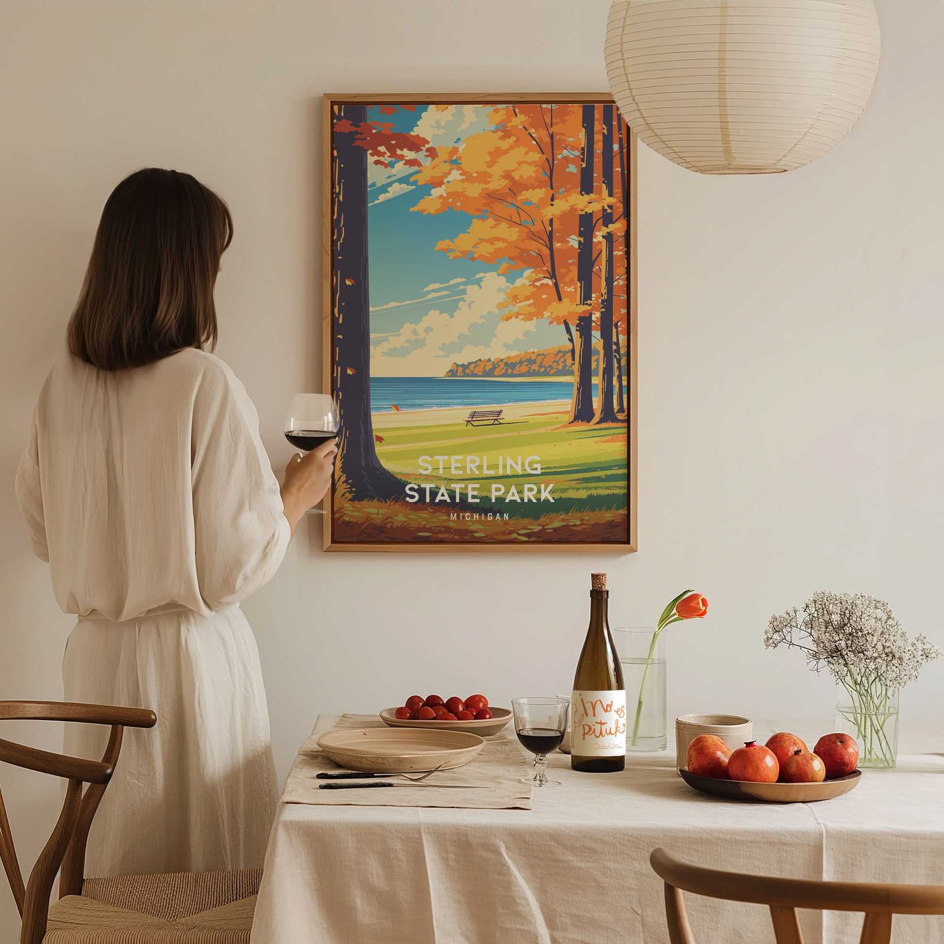 Sterling State Park, Michigan Poster | Lakeside Marshland & Sunset Wall Art — styled in a modern interior