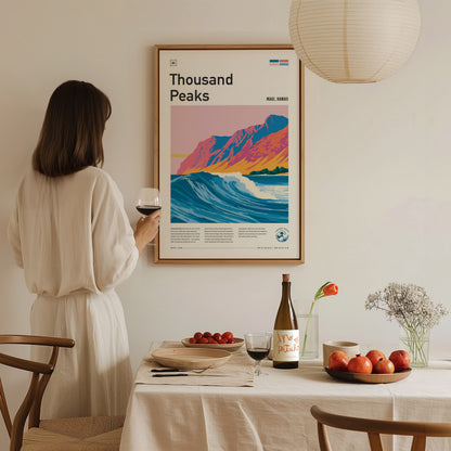 Thousand Peaks, Hawaii Poster | Tropical Surf Break Paradise Wall Art — styled in a modern interior