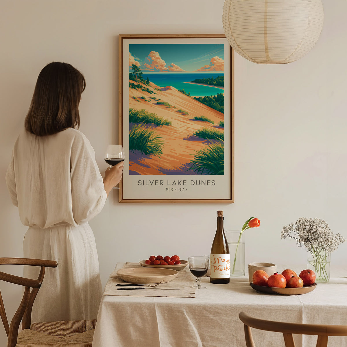 Silver Lake Dunes Matte Border Poster | Michigan Coastal Beach Decor Travel Wall Art — styled in a modern interior