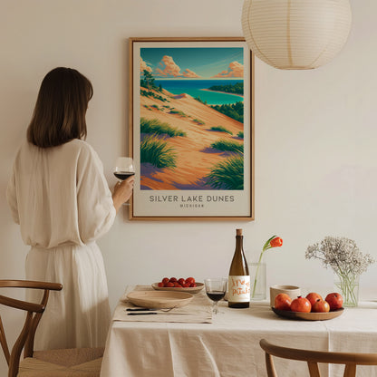 Silver Lake Dunes Matte Border Poster | Michigan Coastal Beach Decor Travel Wall Art — styled in a modern interior