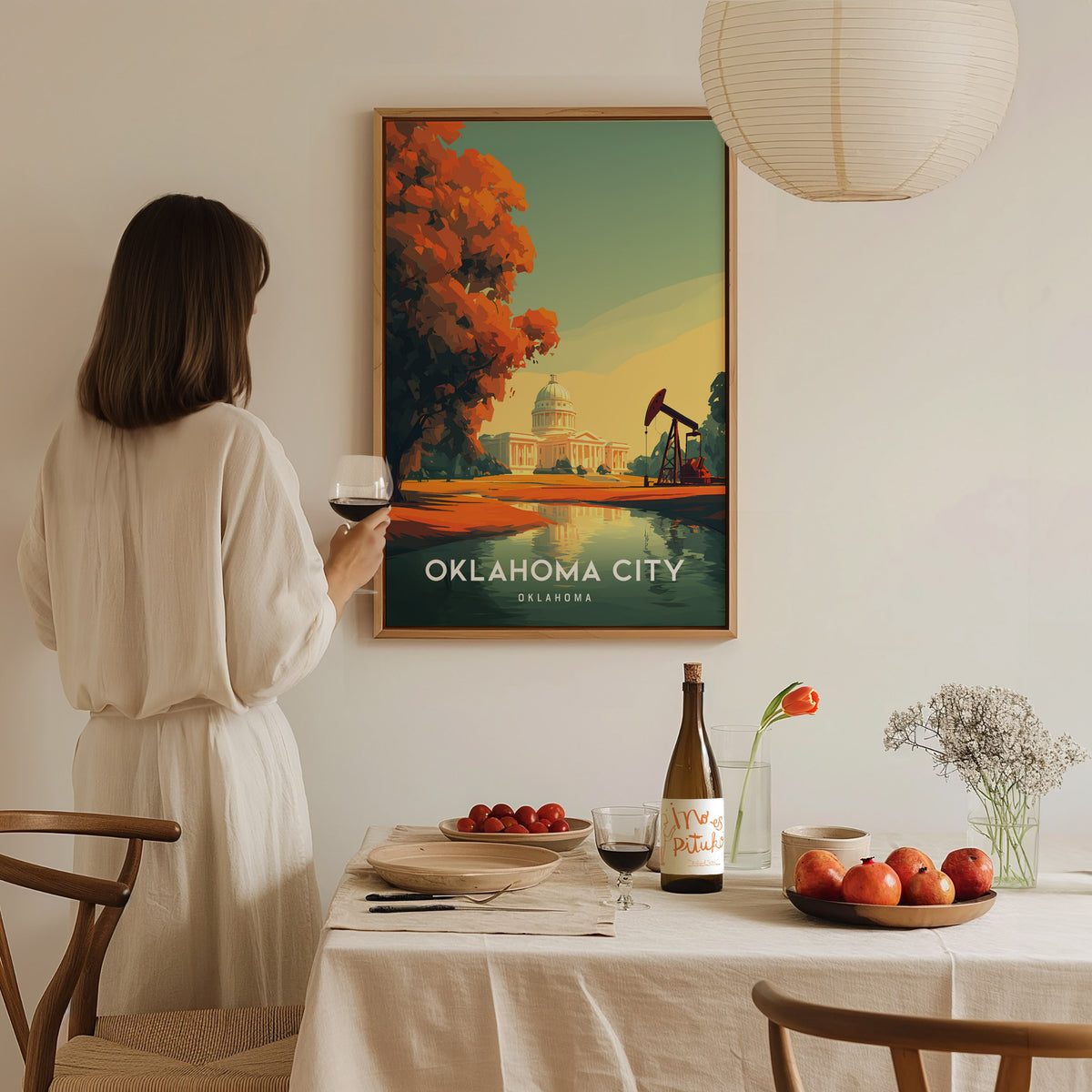 Oklahoma City, Oklahoma Poster | Bold Skyline & Prairie Charm Wall Art — styled in a modern interior