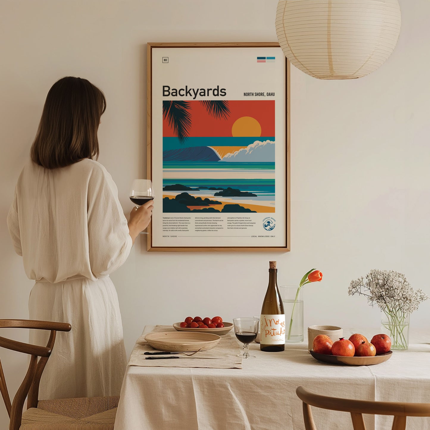Backyards, Hawaii Poster | Tropical Surf Break Paradise Wall Art — styled in a modern interior