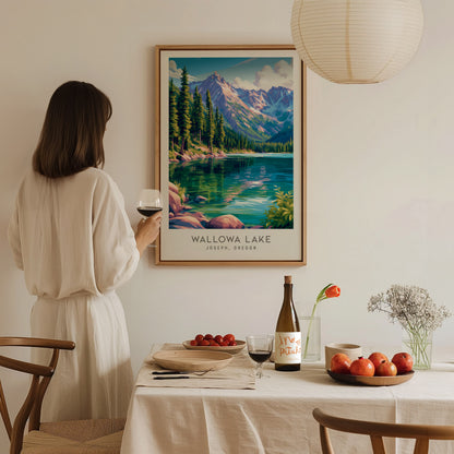 Wallowa Lake Matte Border Poster | Joseph, Oregon Travel Wall Art — styled in a modern interior