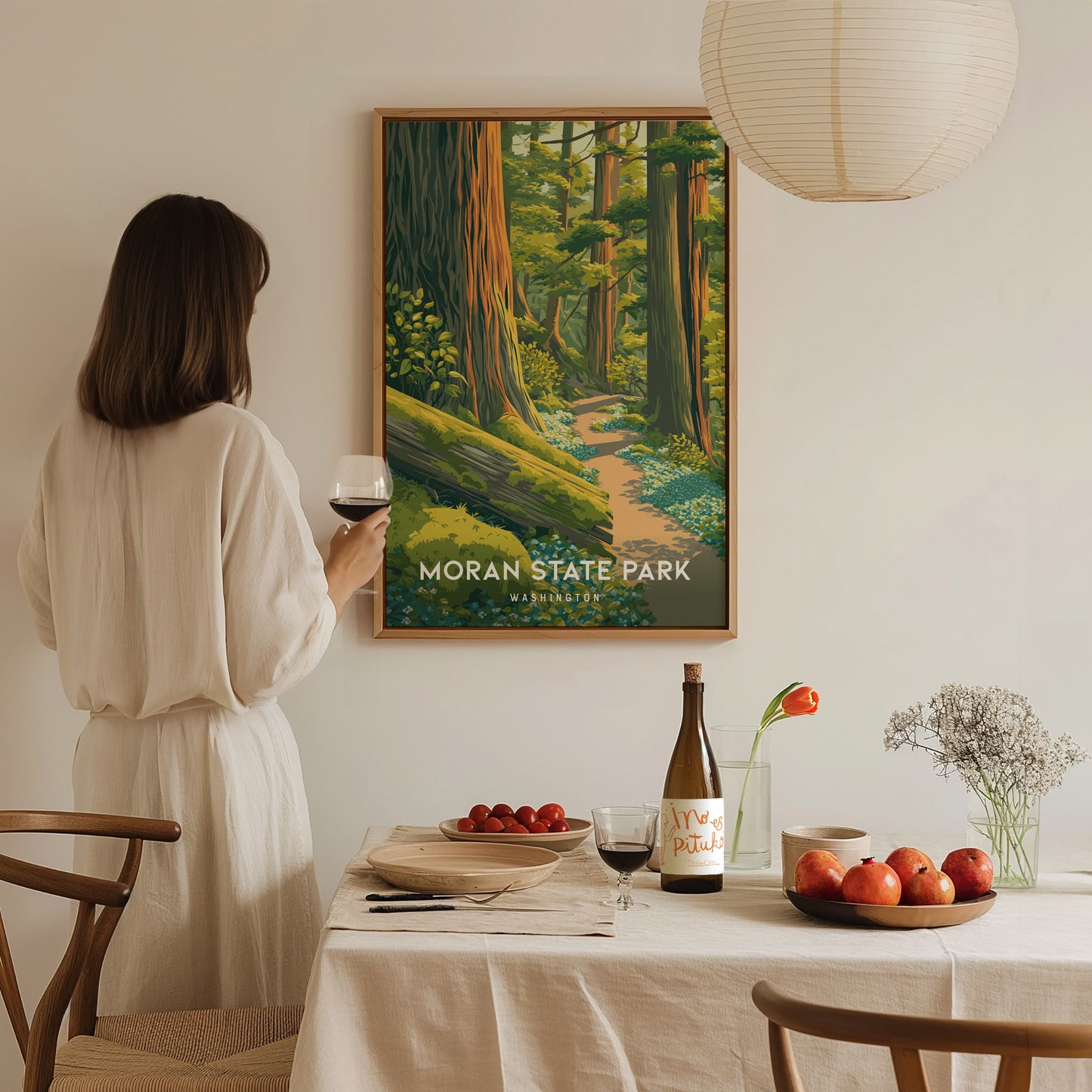 Moran State Park, Washington Poster | Mountain Lake & Evergreen Forest Wall Art — styled in a modern interior