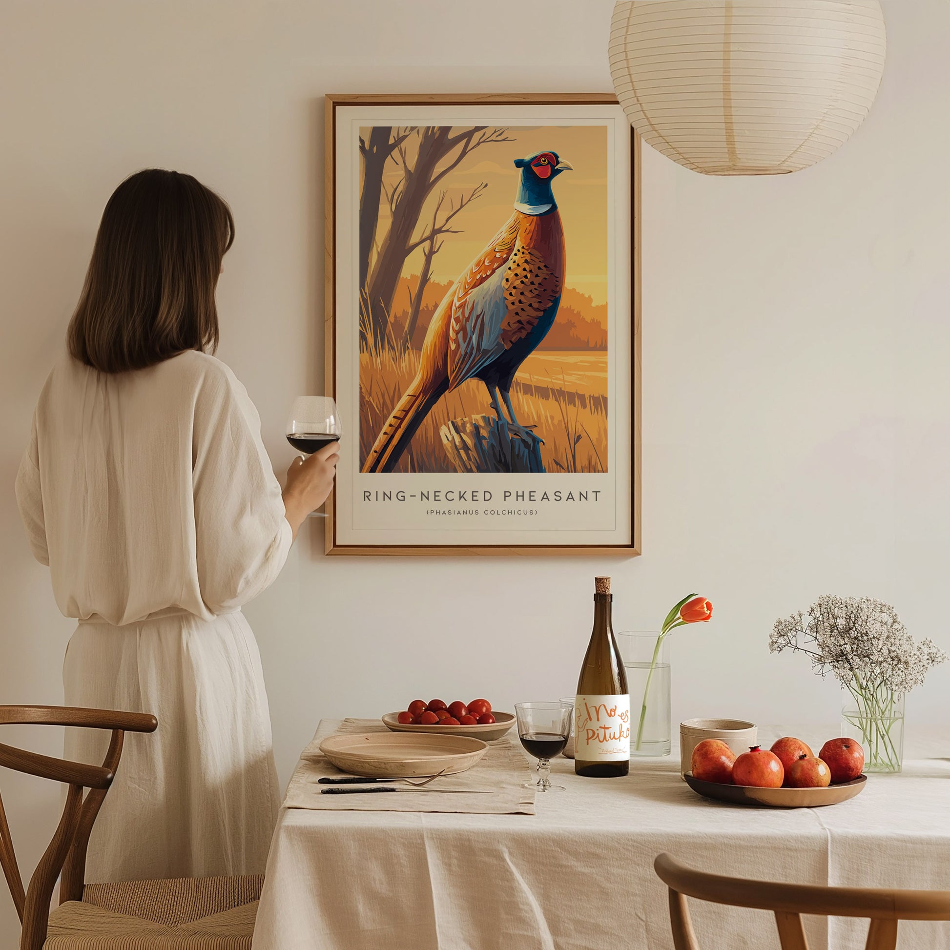 Ring-necked Pheasant Poster | Vibrant Gamebird Wildlife Art Wall Art — styled in a modern interior
