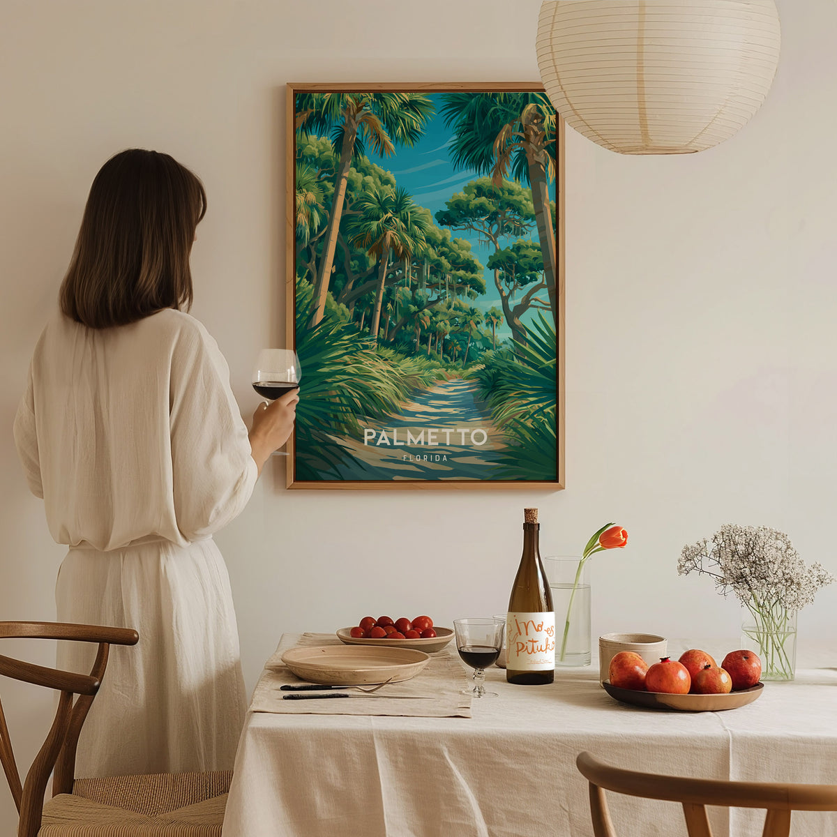 Palmetto, Florida Poster | River Town & Palms Coastal Wall Art — styled in a modern interior