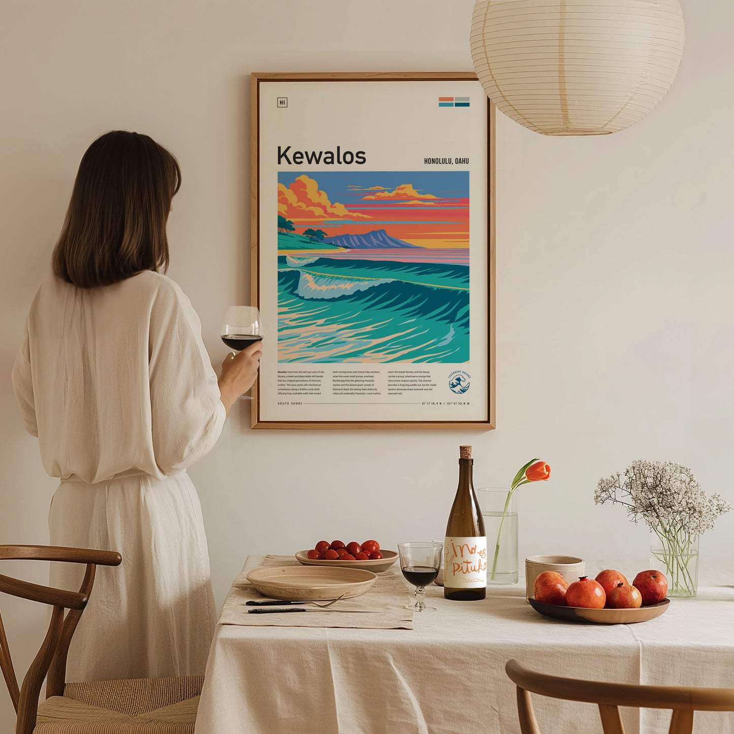 Kewalos, Hawaii Poster | Golden Surf & Diamond Head Wall Art — styled in a modern interior