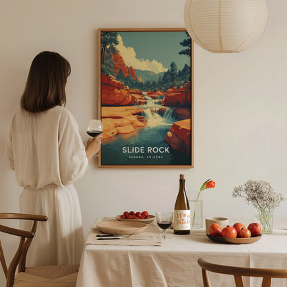 Slide Rock, Sedona, Arizona Poster | Red Rock Swimming Hole Destination Print Wall Art — styled in a modern interior