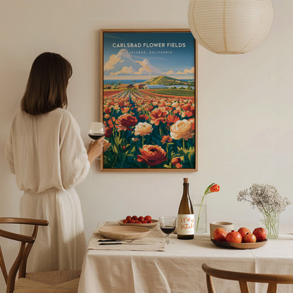 Carlsbad Flower Fields, California Poster | Vibrant Blooms & Coastal Views Wall Art — styled in a modern interior