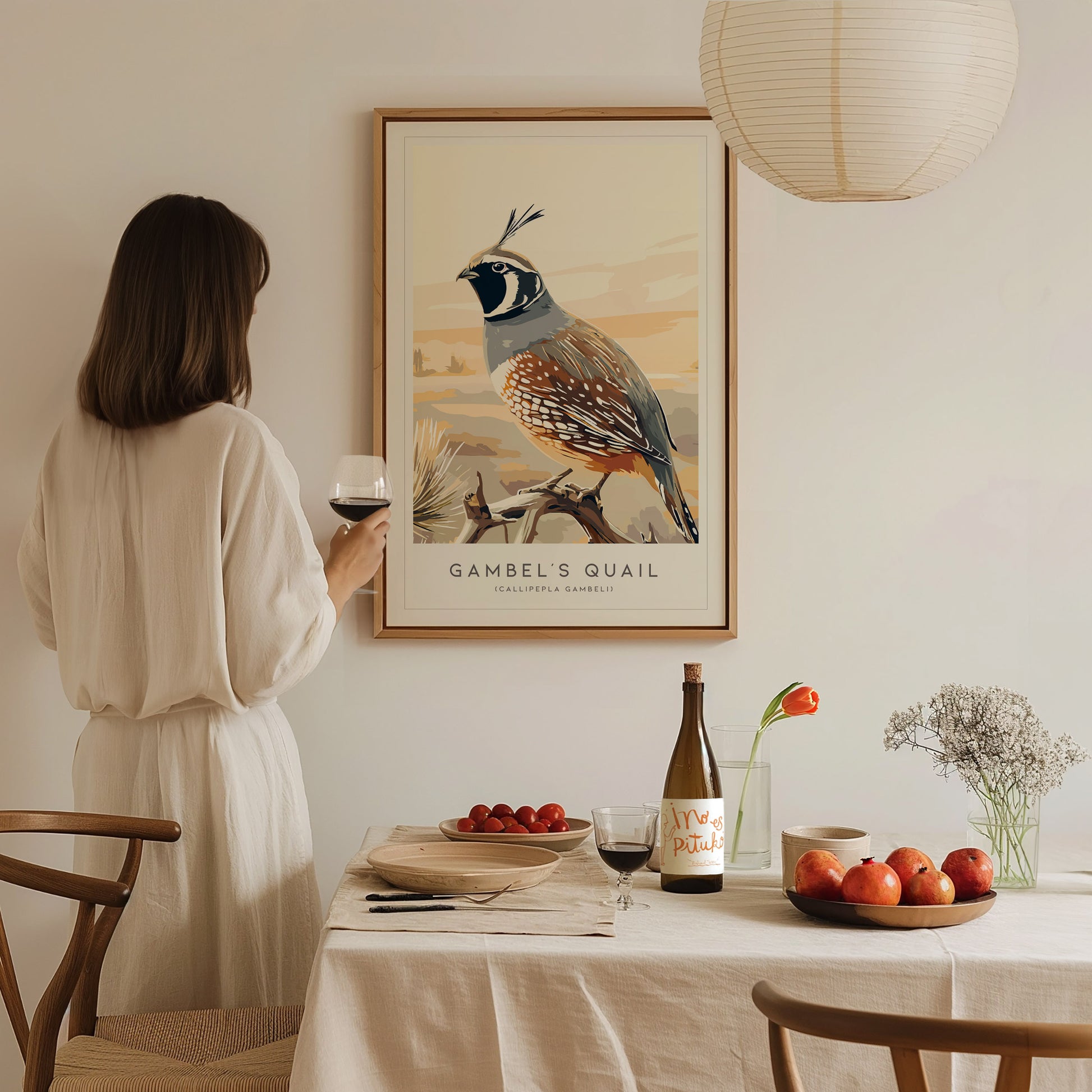 Gambel's Quail, Callipepla gambeli Poster | Desert Bird Wall Art Wildlife Print — styled in a modern interior
