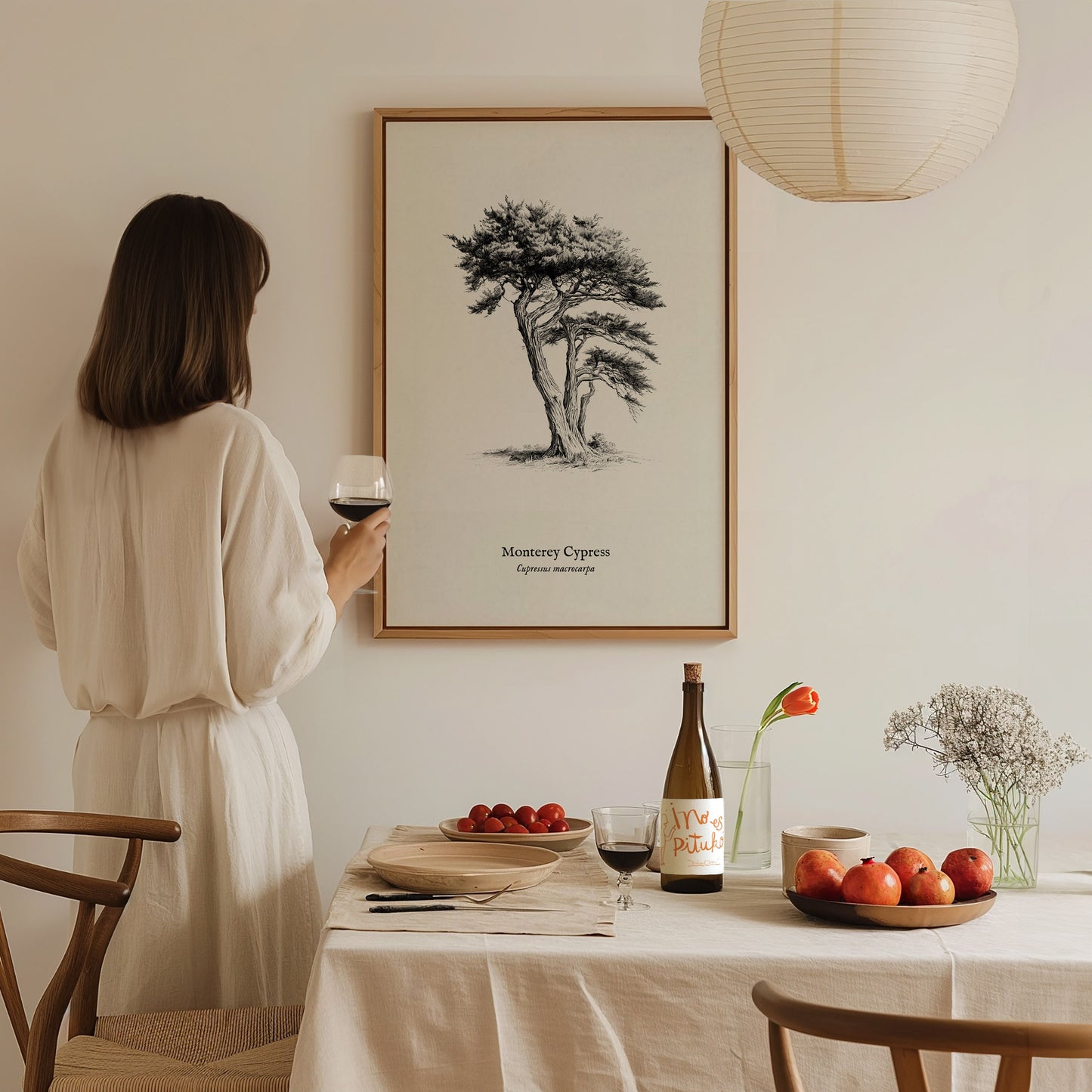 Monterey Cypress Poster | Cupressus macrocarpa Pen and Ink Print Vintage Botanical Illustration — styled in a modern interior
