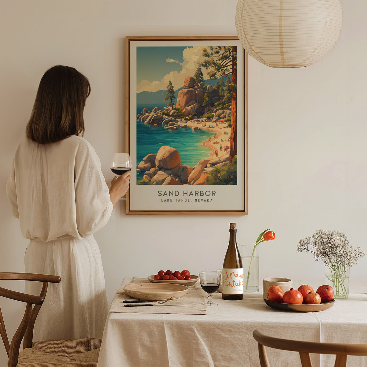 Sand Harbor Matte Border Poster | Lake Tahoe, Nevada Coastal Beach Decor — styled in a modern interior
