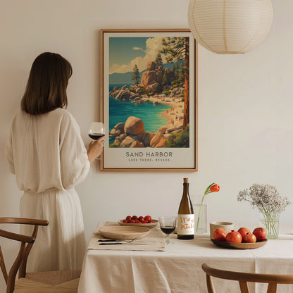 Sand Harbor Matte Border Poster | Lake Tahoe, Nevada Coastal Beach Decor — styled in a modern interior
