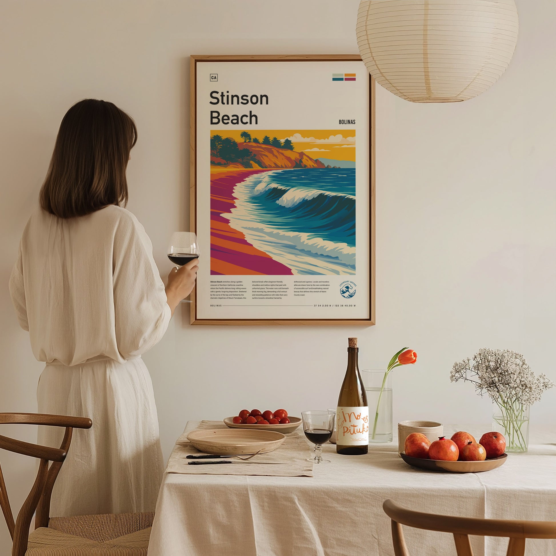 Stinson Beach, California Poster | Golden Coast Surf & Sunset Wall Art — styled in a modern interior