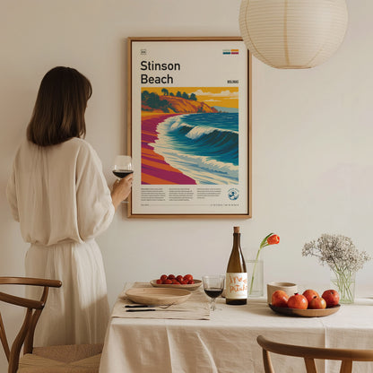Stinson Beach, California Poster | Golden Coast Surf & Sunset Wall Art — styled in a modern interior