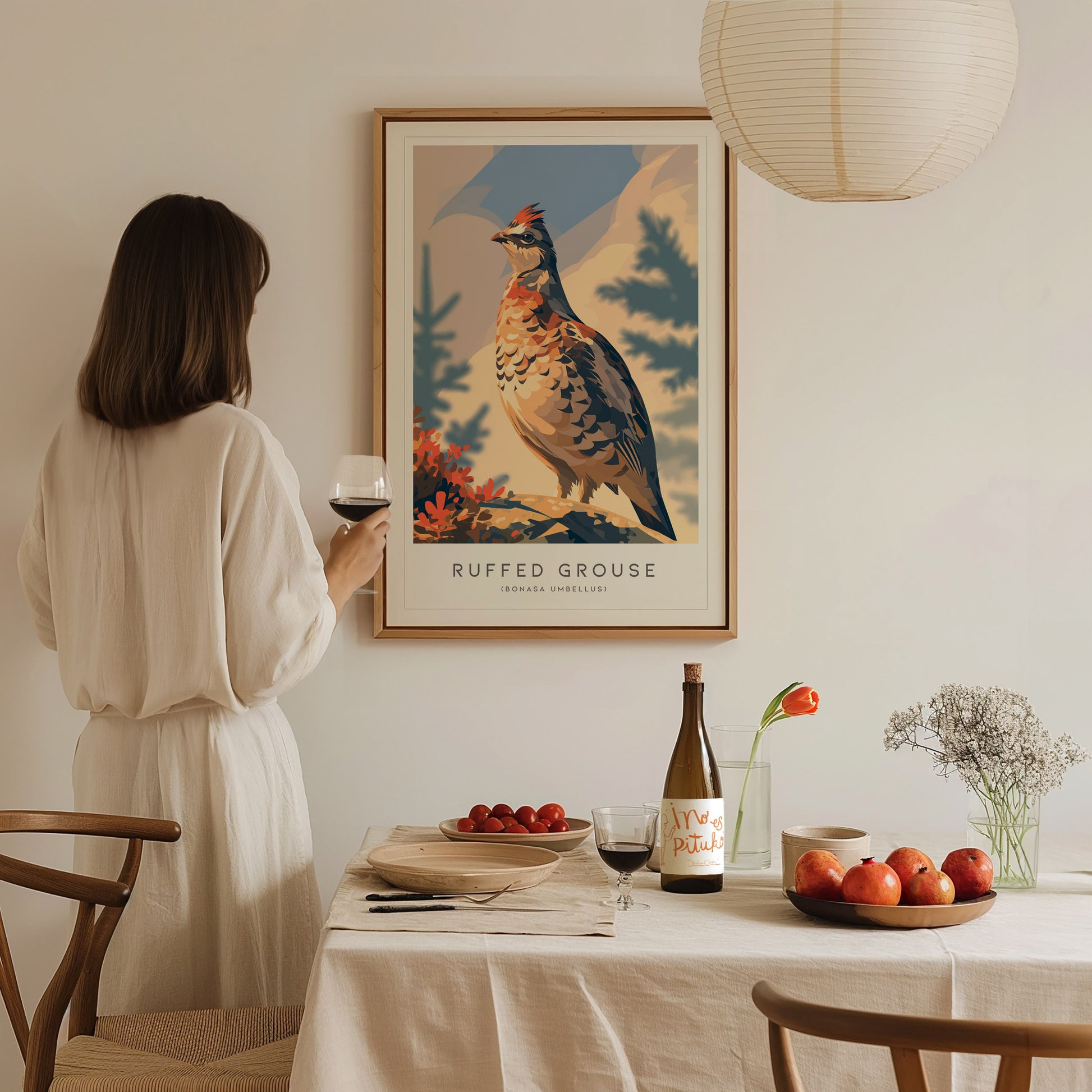 Ruffed Grouse Poster | Woodland Bird in Autumn Forest Wall Art — styled in a modern interior