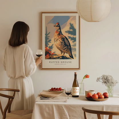 Ruffed Grouse Poster | Woodland Bird in Autumn Forest Wall Art — styled in a modern interior