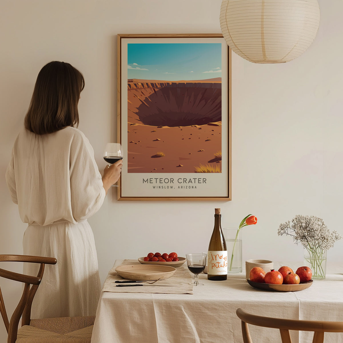 Meteor Crater Matte Border Poster | Winslow, Arizona Destination Print — styled in a modern interior