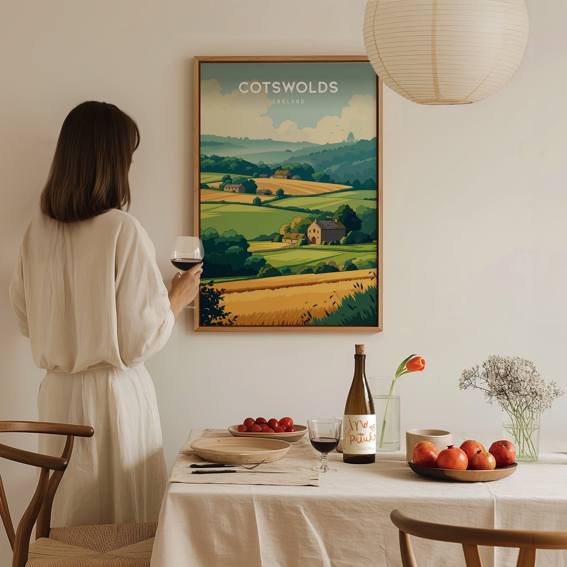 Cotswolds, England Poster | Rolling Hills & Stone Village Wall Art — styled in a modern interior