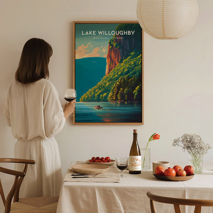 Lake Willoughby, Westmore, Vermont Poster | Scenic Mountain Lake Travel Wall Art — styled in a modern interior
