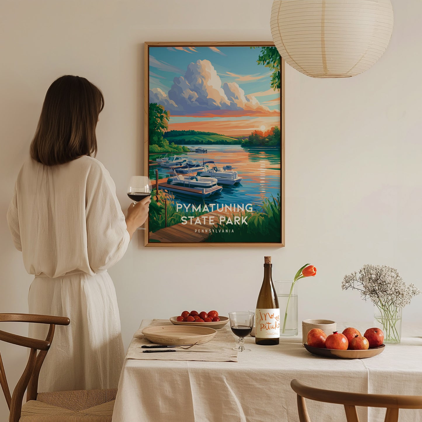 Pymatuning State Park, Pennsylvania Poster | Lakeside Geese & Spillway Wall Art — styled in a modern interior