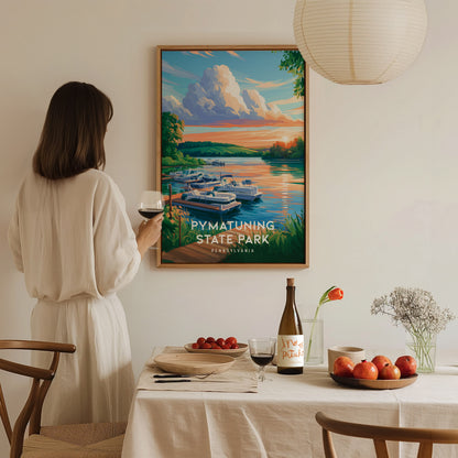 Pymatuning State Park, Pennsylvania Poster | Lakeside Geese & Spillway Wall Art — styled in a modern interior