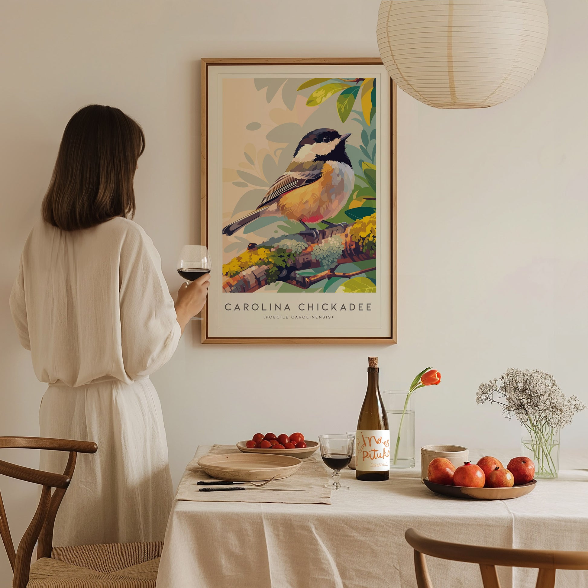 Carolina Chickadee Poster | Charming Songbird in Autumn Branches Wall Art — styled in a modern interior