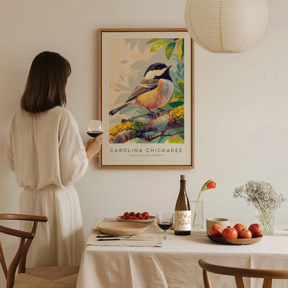 Carolina Chickadee Poster | Charming Songbird in Autumn Branches Wall Art — styled in a modern interior