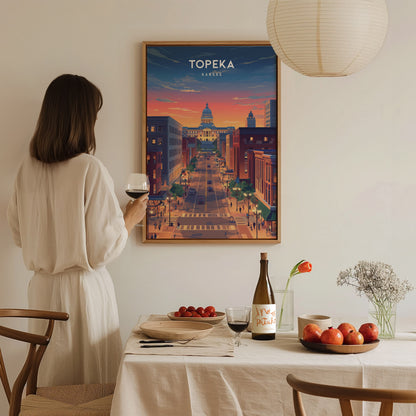 Topeka, Kansas Poster | Heartland Capitol Skyline Travel Wall Art — styled in a modern interior