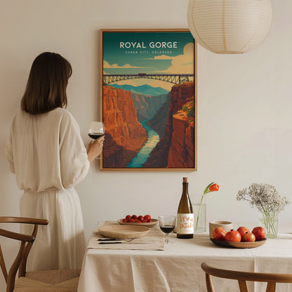 Royal Gorge, Canon City, Colorado Poster | Dramatic Canyon Bridge Destination Print Wall Art — styled in a modern interior