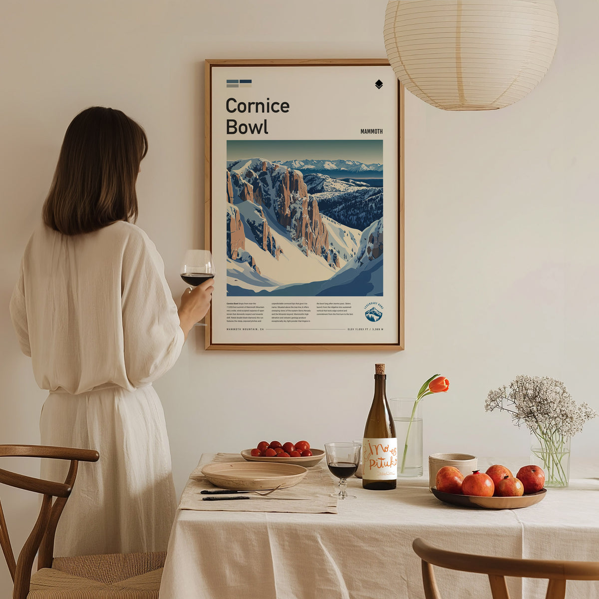 Cornice Bowl, Mammoth Poster | Alpine Print Ski Lodge Decor Wall Art — styled in a modern interior