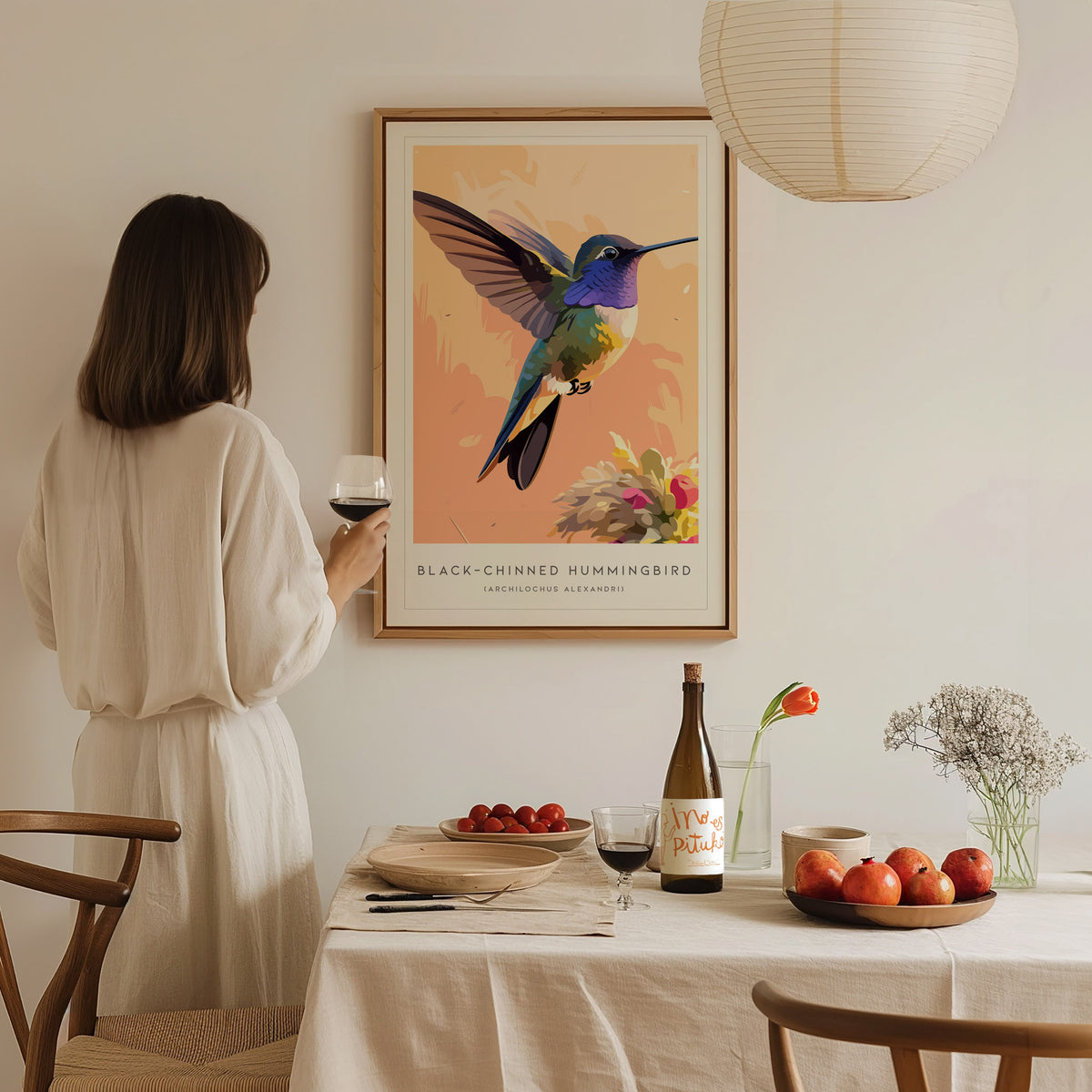Black-chinned Hummingbird, Archilochus alexandri Poster | Jeweled Bird Wildlife Print Wall Art — styled in a modern interior